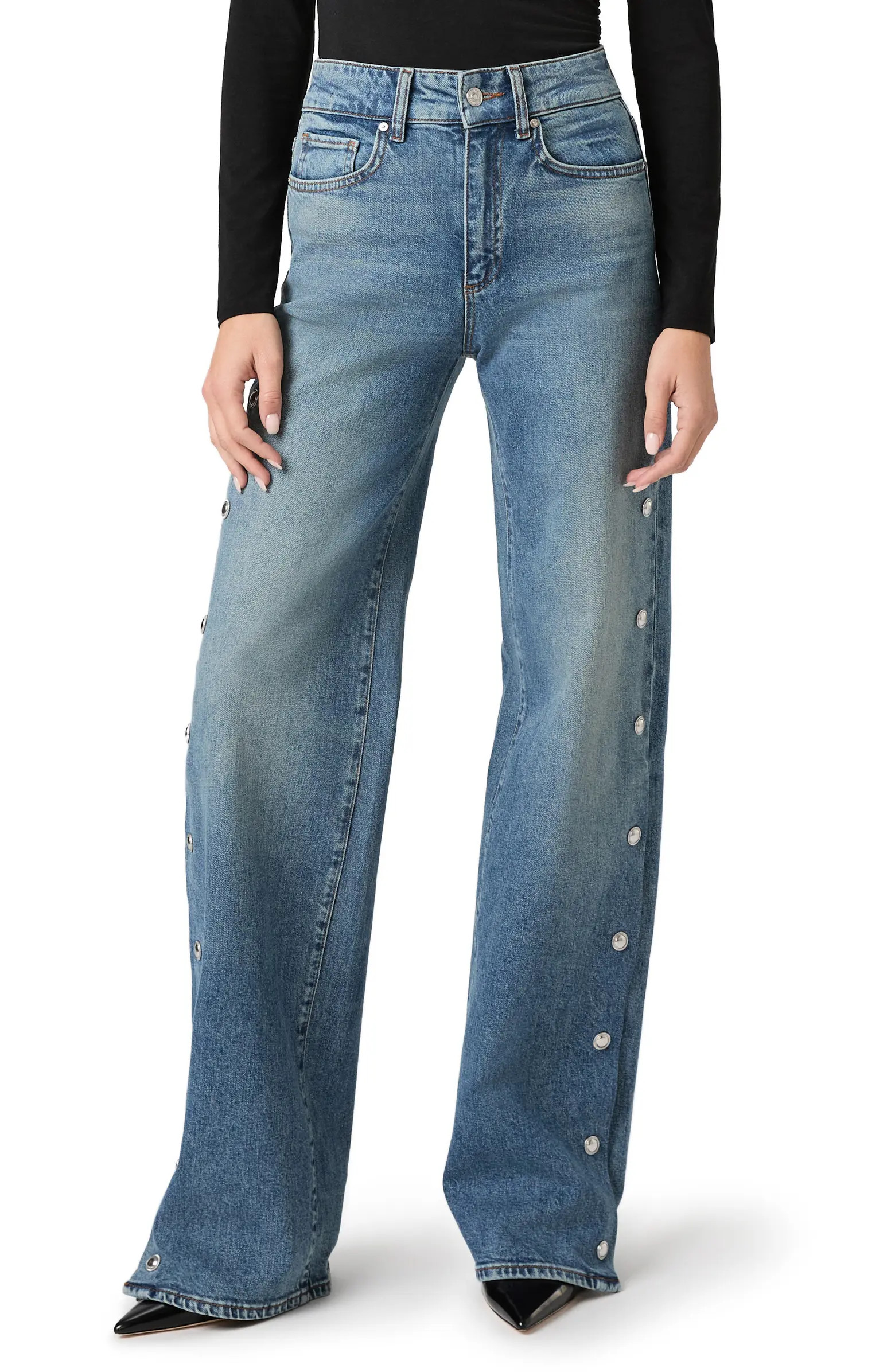 PAIGE Sasha High Waist Side Seam Embellished Snap Jeans | Nordstrom | Nordstrom