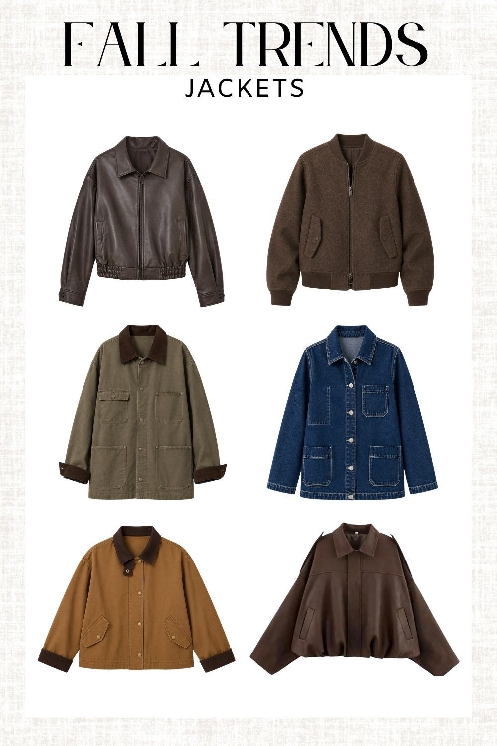 Fall jackets, women’s fall jackets, leather jacket, barn jacket, denim jacket, bomber jacket, fall layering pieces, transitional jackets, fall wardrobe staples, casual fall style

A good jacket does all the work 🍂 From leather and denim to barn jackets and cozy bombers, these are the layers I’ll be reaching for all season long.

#LTKSeasonal #LTKMidsize #LTKTravel