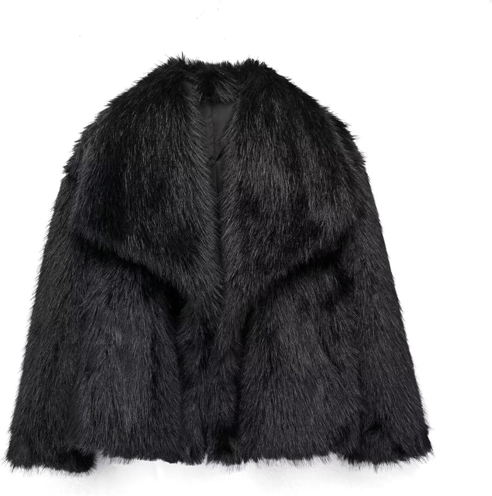 Women's Cropped Faux Fur Coat Solid Color Long Sleeve Lapel Collar Warm Jacket Furry Outerwear St... | Amazon (US)