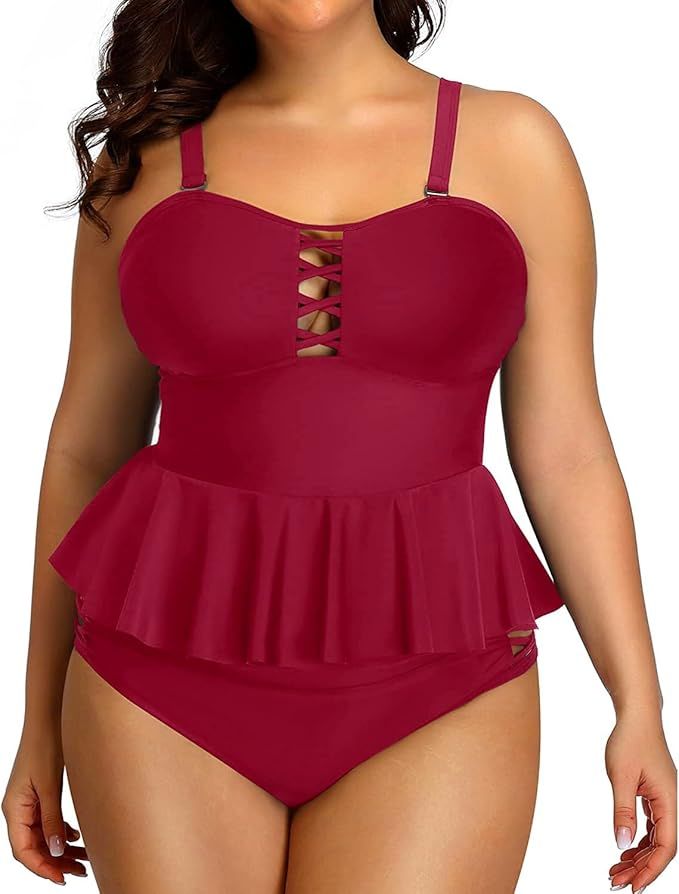 Yonique Plus Size Swimsuits for Women Tummy Control Two Piece Bathing Suits Peplum Tankini Tops H... | Amazon (US)