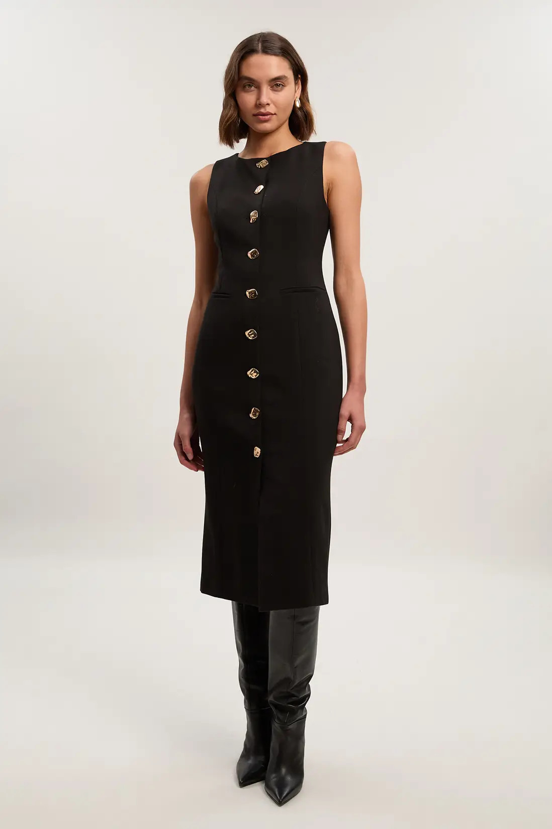 Compact Essential Button Pencil Midi Dress | Karen Millen