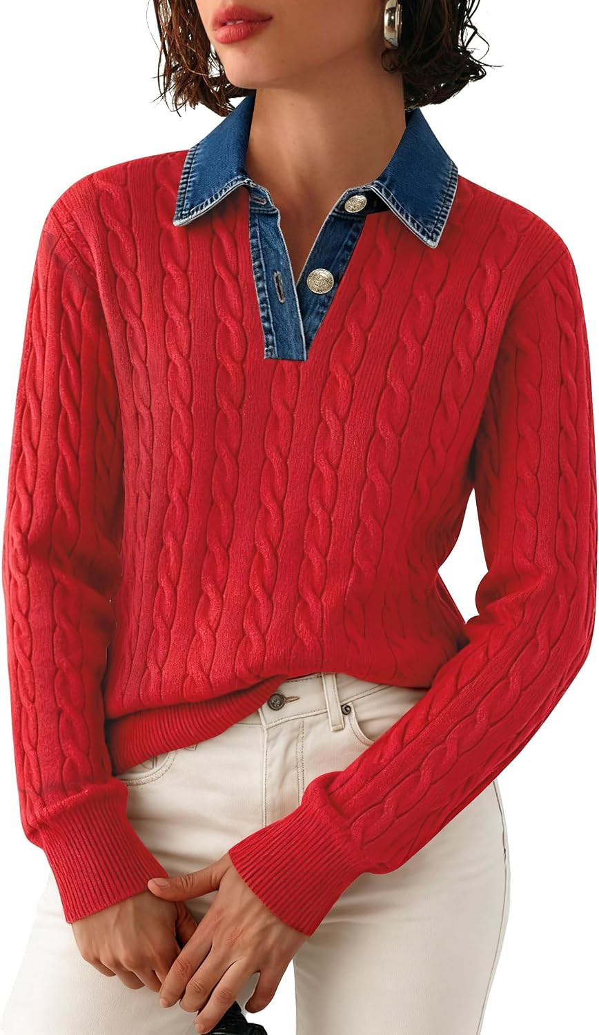 SAUKOLE Sweaters for Women Denim Lapel V Neck Buttons Closure Casual Long Sleeve Cable Knit Loose Pullover Sweater | Amazon (US)