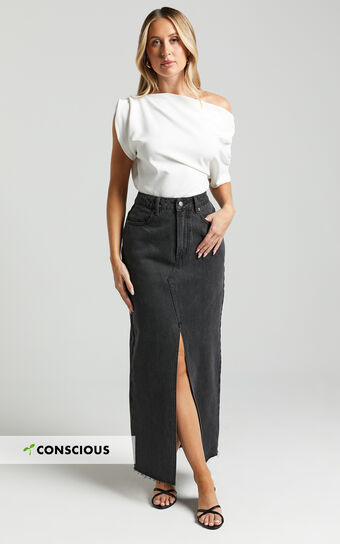 Kira Midi Skirt - Front Split Denim Skirt in Washed Black | Showpo (ANZ)