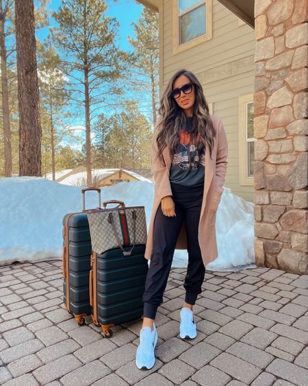 Travel outfit, everyday casual daily style,
Joggers, comfy sneakers , the best layering Cardigan coatigan, black amazon travel luggage, 
Sz med in tee and joggers and small in coatigan, sneakers tts 
Go to  sunglasses, Gucci tote bag 
#LTKFind

#LTKstyletip #LTKSeasonal #LTKtravel
