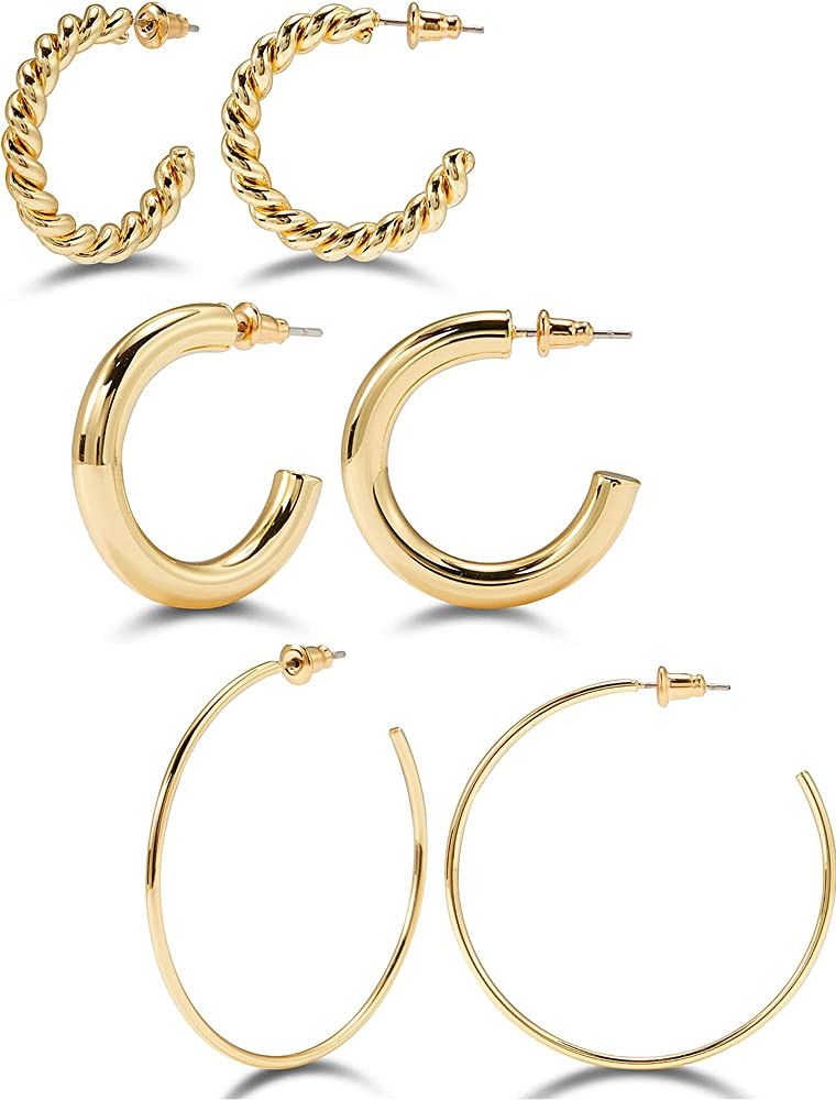 Gold Hoop Earrings Set Women: 14k Plated Hypoallergenic Open Chunky Jewelry Girls Large Thick - B... | Amazon (US)