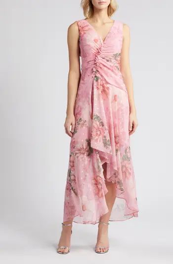 Floral Ruched Clip Dot Chiffon Cocktail Dress | Nordstrom