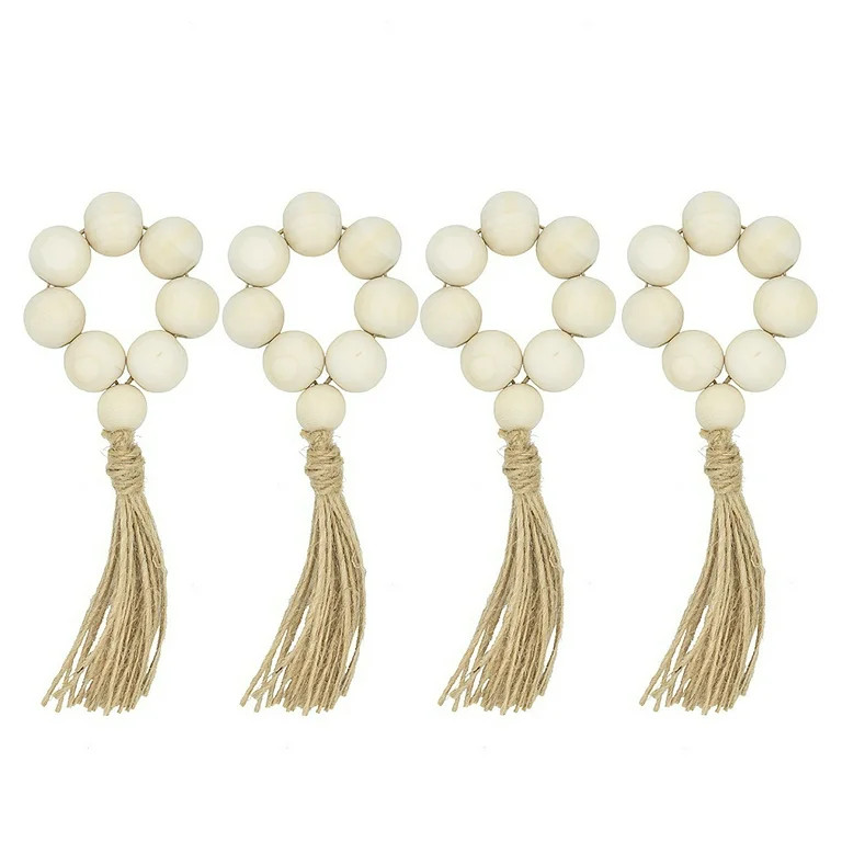 CreativeArrowy Wood Bead Napkin Ring 4pcs White Wooden Beads Handmade with Tassels Neutral Christ... | Walmart (US)