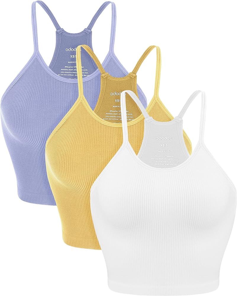 ODODOS Women's Crop 3-Pack Washed Seamless Rib-Knit Camisole Crop Tank Tops | Amazon (US)