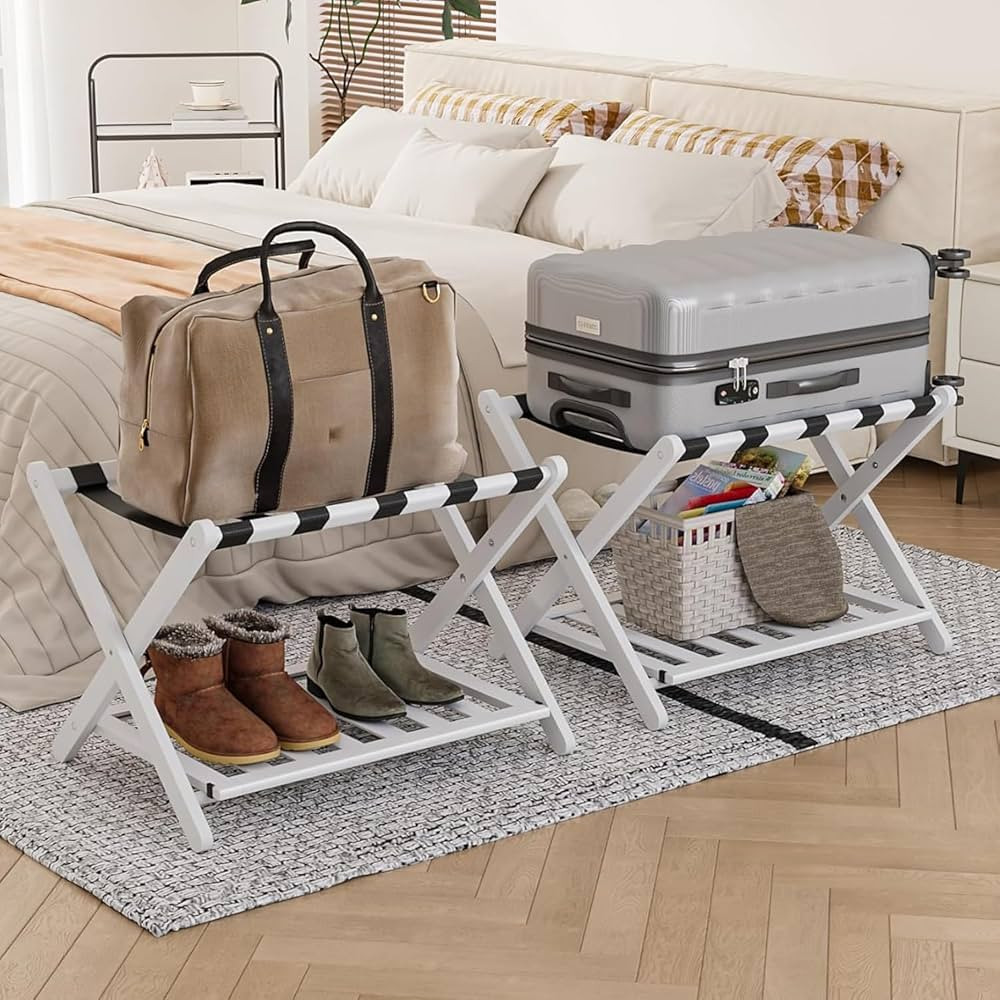 2 Packs Fully Assembled White Luggage Racks with Shoe Shelf, Folding Suitcase Stand with 5 Straps... | Amazon (US)