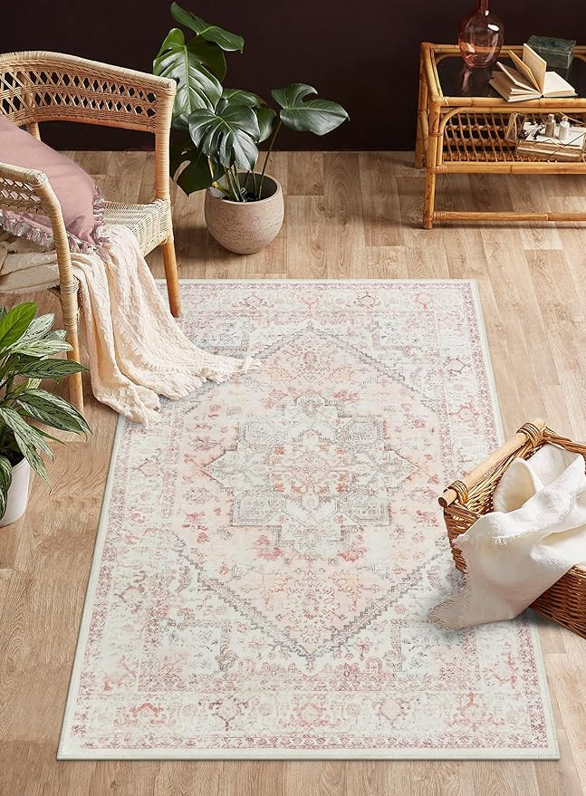 LIVEBOX Pink Carpet 3x5 - Oriental Floral Non-Slip Indoor Rug for Kitchen Entrance, Faux Wool Fro... | Amazon (US)