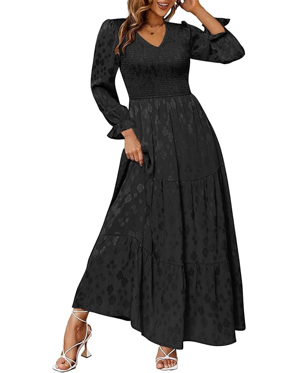 Simplee Womens Long Sleeve Smocked Maxi Dress Tiered V Neck Flowy Fall Wedding Guest Long Dresses... | Amazon (US)