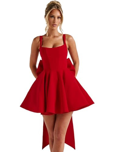 symdem 2026 Red Homecoming Dresses for Teens A Line Square Neck Straps Short Prom Gown Satin Corset Semi Formal Dress with Bow 2 | Amazon (US)