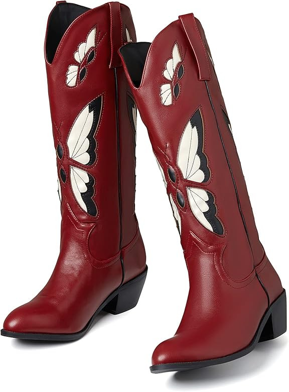 CYNLLIO Womens Cowgirl Boots Vintage Fashion Butterfly Embroidery Western Cowboy Boots Chunky Cor... | Amazon (US)