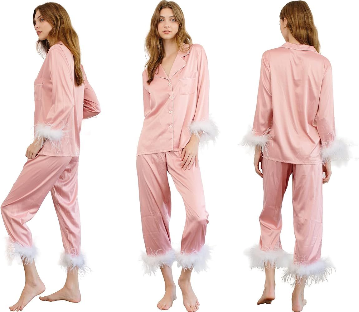 Queens Bridal Feather Trim Pajama Set for Women Satin Silk Long Sleeve Top With Pants Sleepwear B... | Amazon (US)
