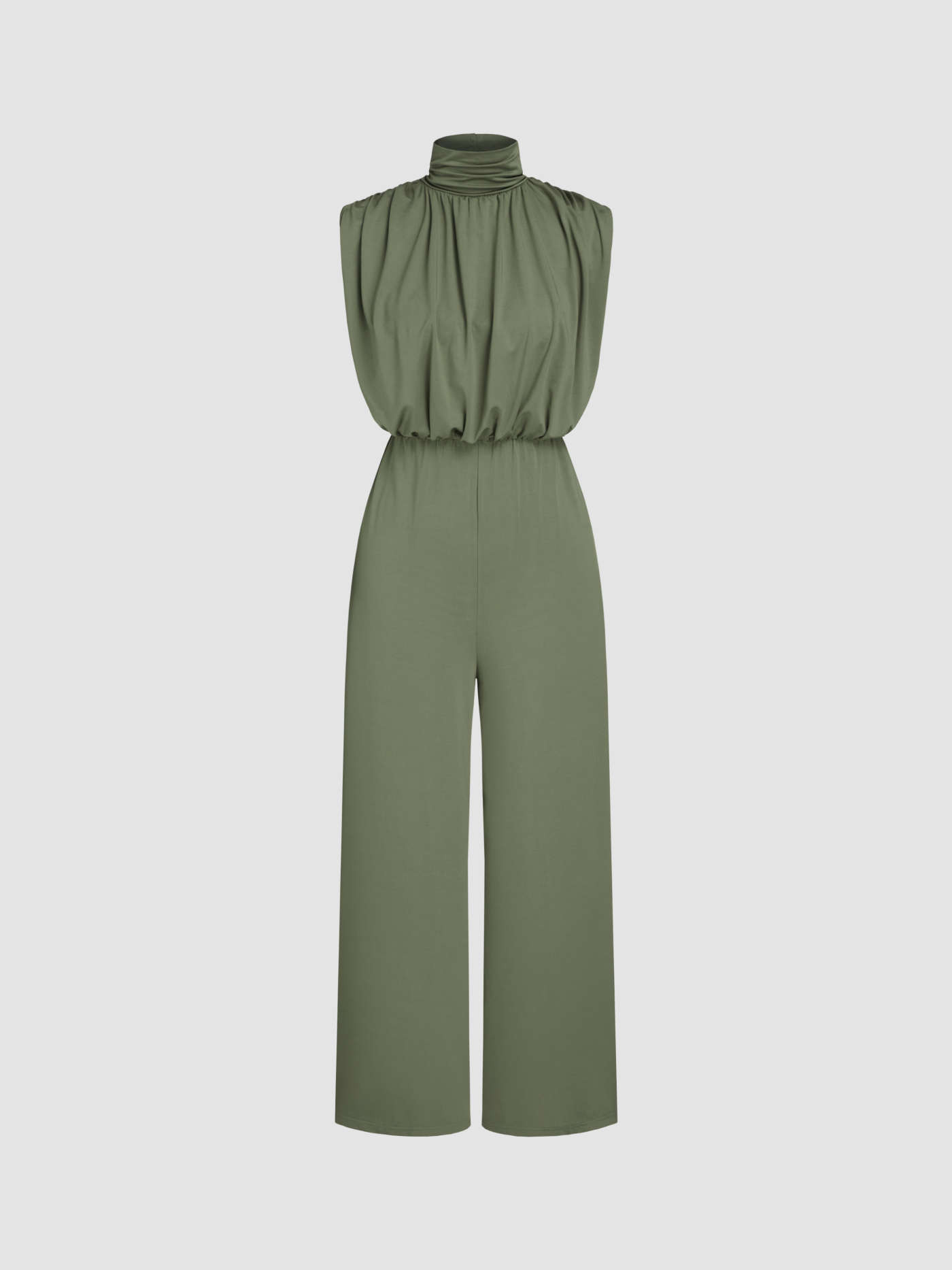 Woven High Neck Solid Zipper Ruched Jumpsuit For Daily Casual Work | Cider