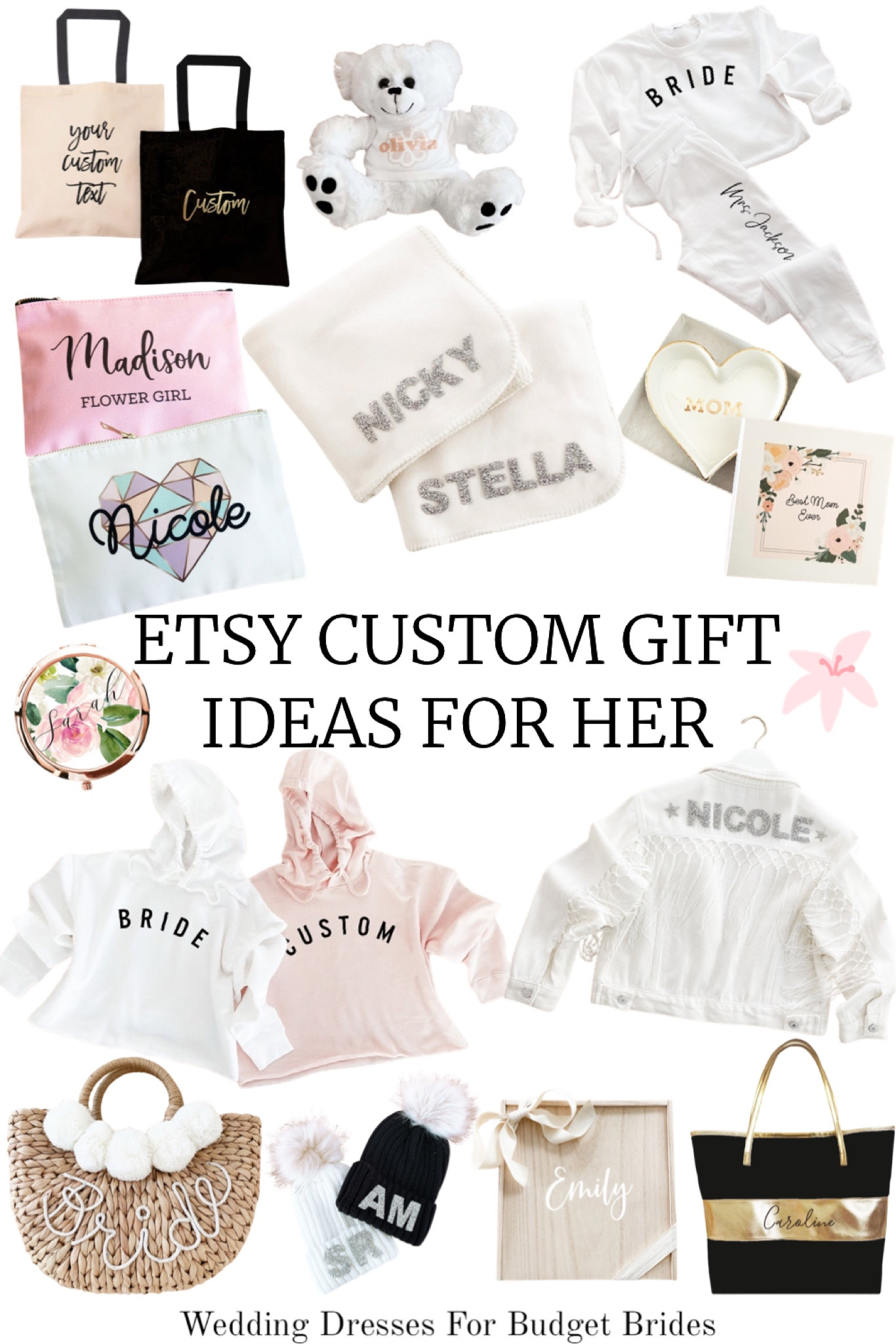 Etsy custom gift ideas for her. 

Personalized gifts. Flower girl gifts. Bride gifts. Bridal shower gifts. Wedding gifts. Mom gifts. Mother of the bride gifts. Mother of the groom gifts. Bridesmaid gifts. Bridal party gifts. Wedding party gifts. Etsy wedding. 

#LTKfindsunder50 #LTKGiftGuide #LTKwedding
