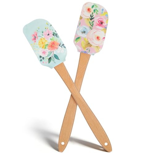 MAGICLULU 2Pcs Floral Silicone Spatula Set with Wooden Handle, Heat Resistant Flexible Scraper for Baking Cake Mixing, Non-Stick Kitchen Utensils for Cooking, Flower Pattern 11.8 Inch | Amazon (US)