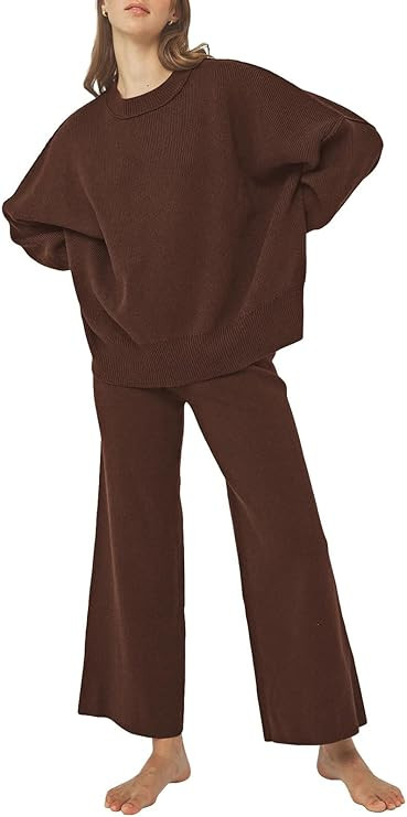 Linsery Women 2 Piece Sweater Sets Long Sleeve Knit Top Matching Wide Leg Pant Knitted Sweatsuit ... | Amazon (US)