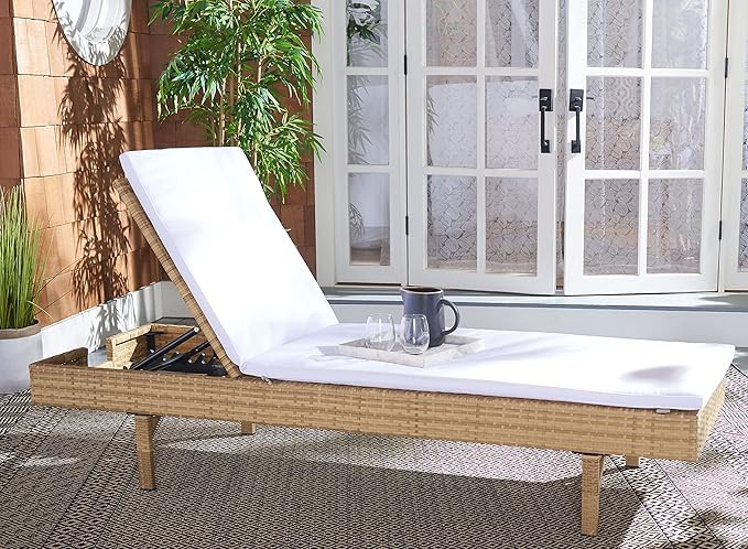 SAFAVIEH Outdoor Collection Cam Natural Brown Wicker/White Cushion Adjustable Chaise Lounge Chair... | Amazon (US)