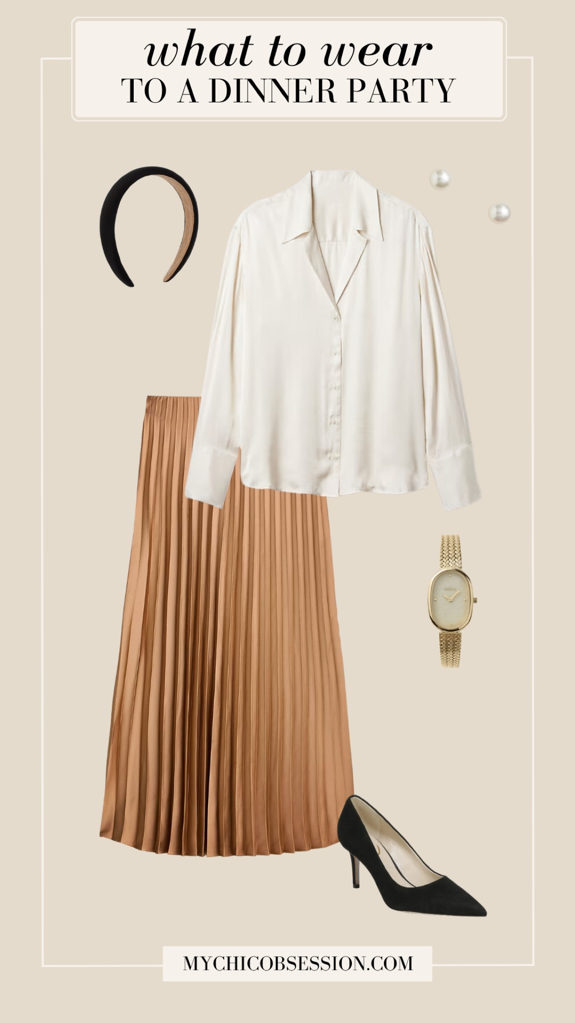 Be inspired by Grace Kelly’s classic style for your next dinner party look. Pair a cream satin blouse with a pleated midi skirt, a velvet headband, pearl earrings and a gold watch.

#LTKParties #LTKStyleTip #LTKHoliday