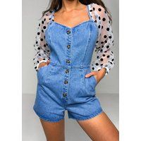 Blue Polka Dot Organza Sleeve Denim Romper | Missguided (US & CA)