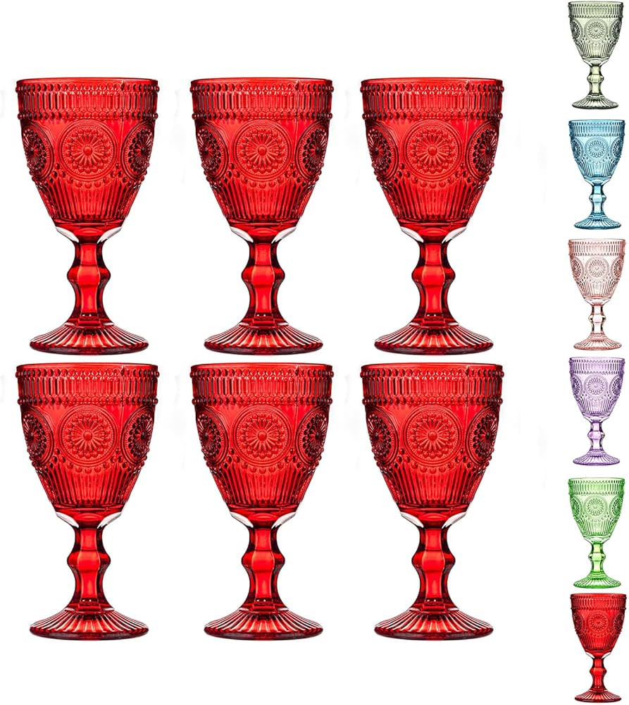 Red Vintage Wine Glasses Set of 6, 10 Ounces Colored Glass Water Goblets, Unique Floral Embossed ... | Amazon (US)