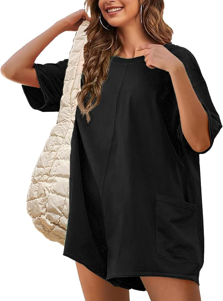 Womens Athletic Oversized Tee Romper Casual Short Sleeve Onesie Reversible Hot Shot Tee Romper Wi... | Amazon (US)