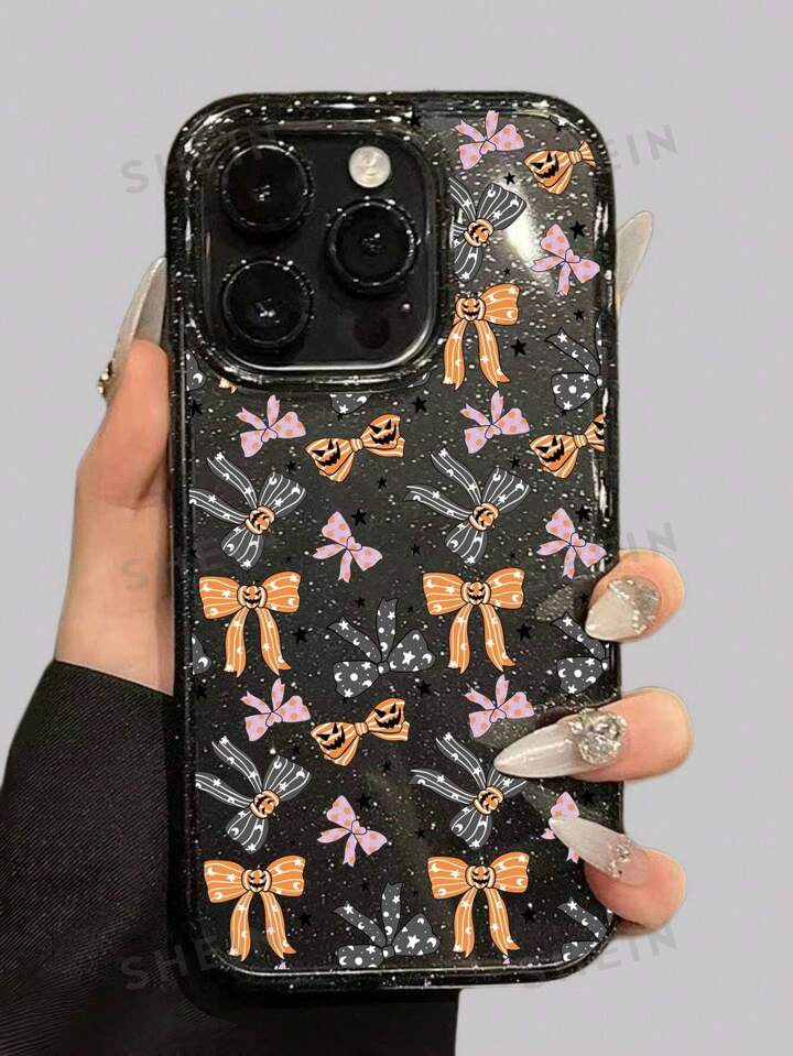 ROMWE Grunge Punk 1pc Halloween Pumpkin Bow Net Pattern Glitter Black Phone Case | SHEIN