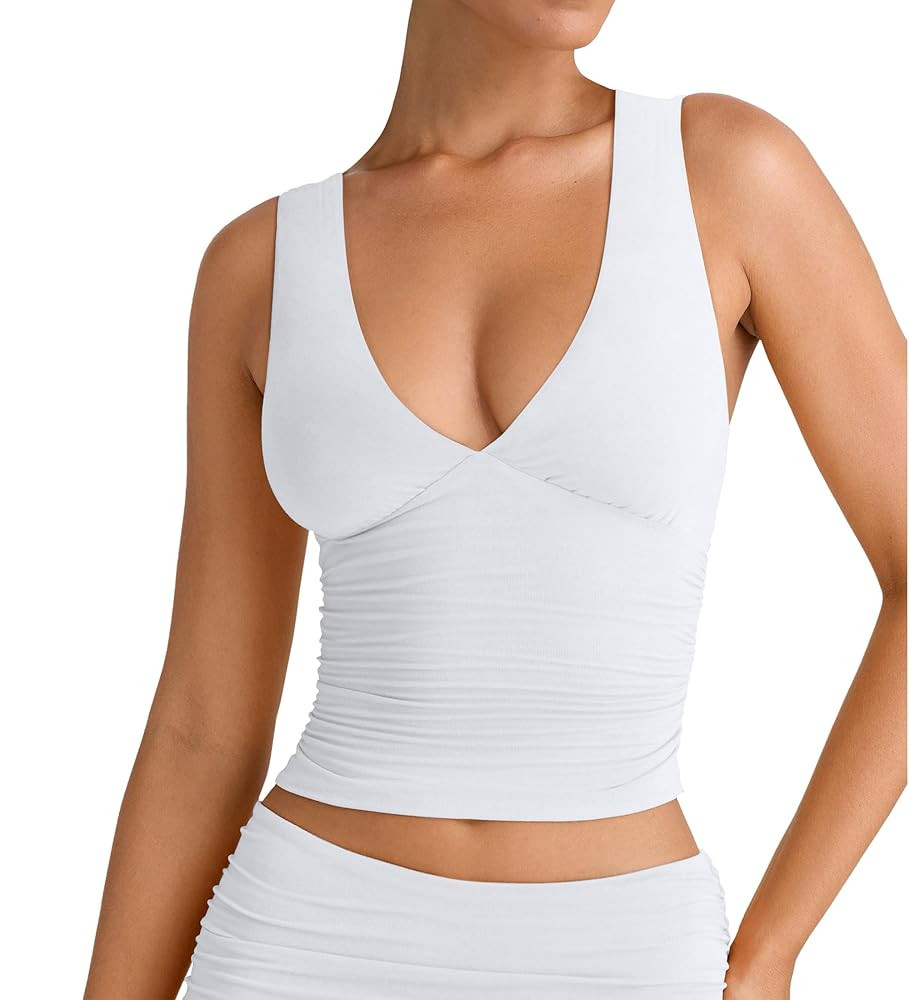 YFANG Women's Summer Deep V-Neck Ruched Crop Tank Top Sexy Sleeveless Double Lined Crop Top | Amazon (US)