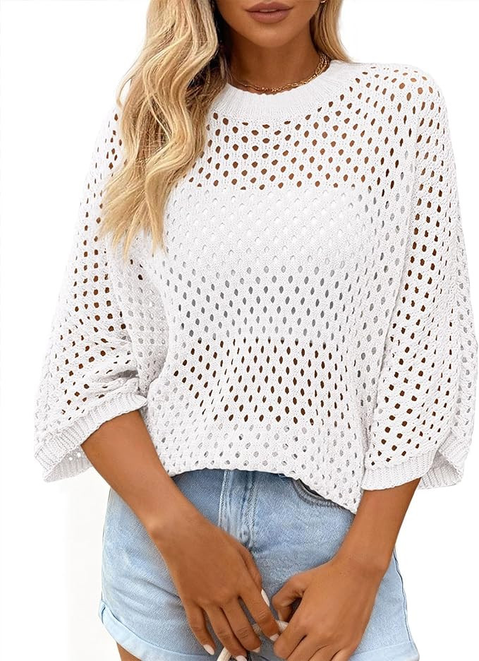 KIRUNDO Crochet Tops for Women Summer Batwing Sleeve Beach Sweater Lightweight Knit Cover Up Shir... | Amazon (US)
