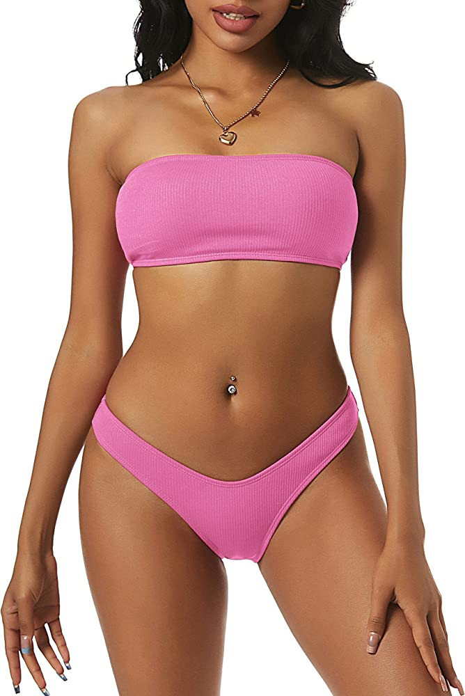 ZAFUL Women's Pink Strapless Bandeau Bikini Set | Hot Pink Bikini | Hot Pink Swimsuit | Amazon (US)