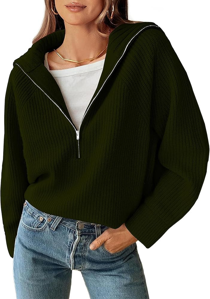 BTFBM Womens Sweaters Quarter Zip Pullover V Neck Collar Long Sleeve Ribbed Knit Loose Casual 202... | Amazon (US)