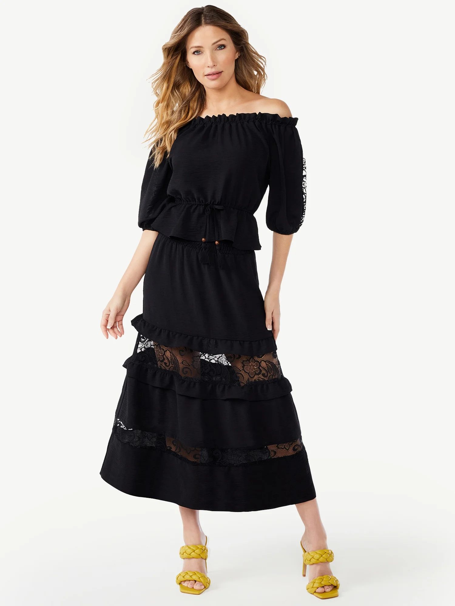 Sofia Jeans by Sofia Vergara Women's Off the Shoulder Top and Midi Skirt Set, 2-Piece | Walmart (US)