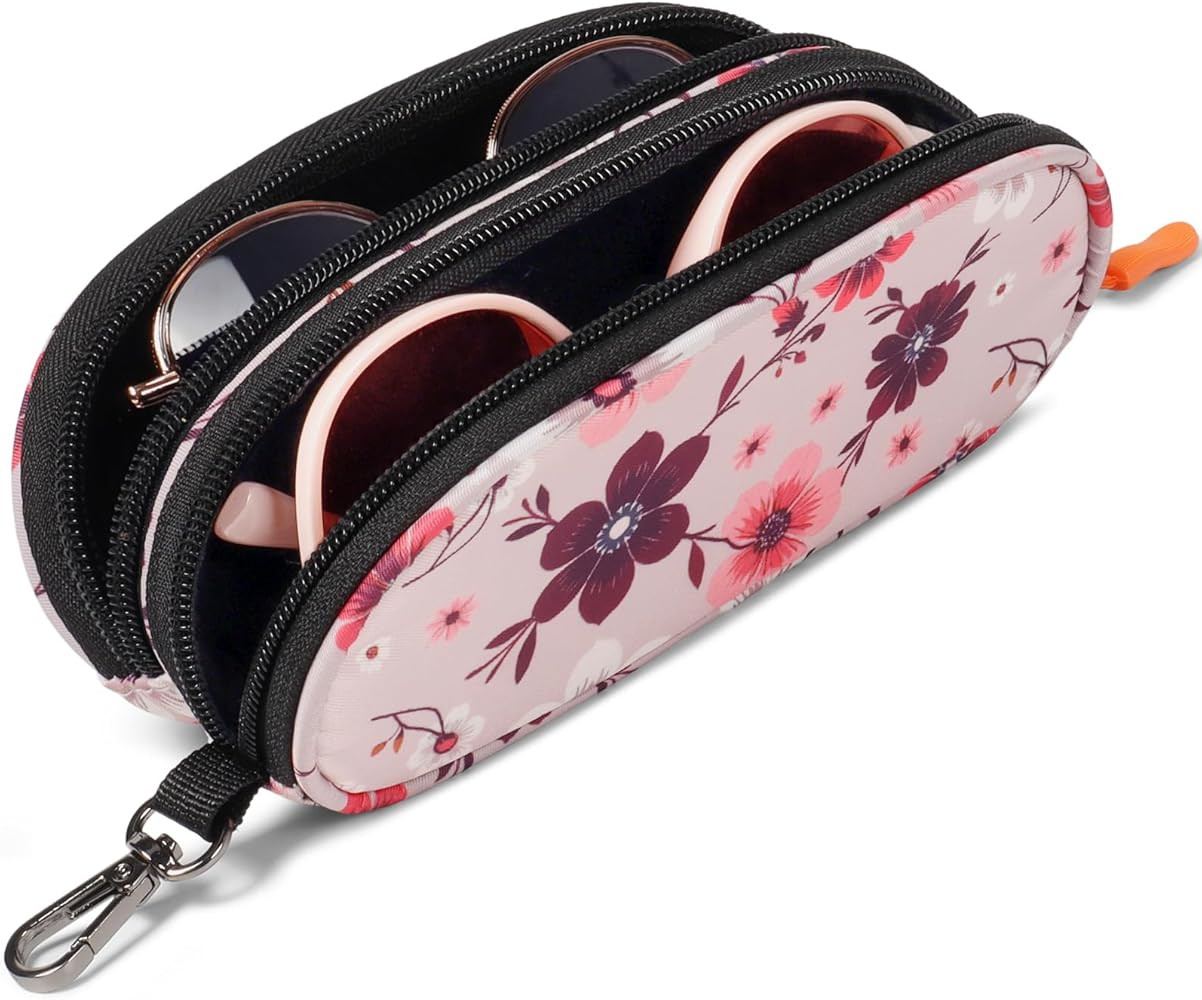 Double Eyeglasses Case Soft Portable Zipper Sunglasses Pouch with Keychain Clip for Men Women | Amazon (US)