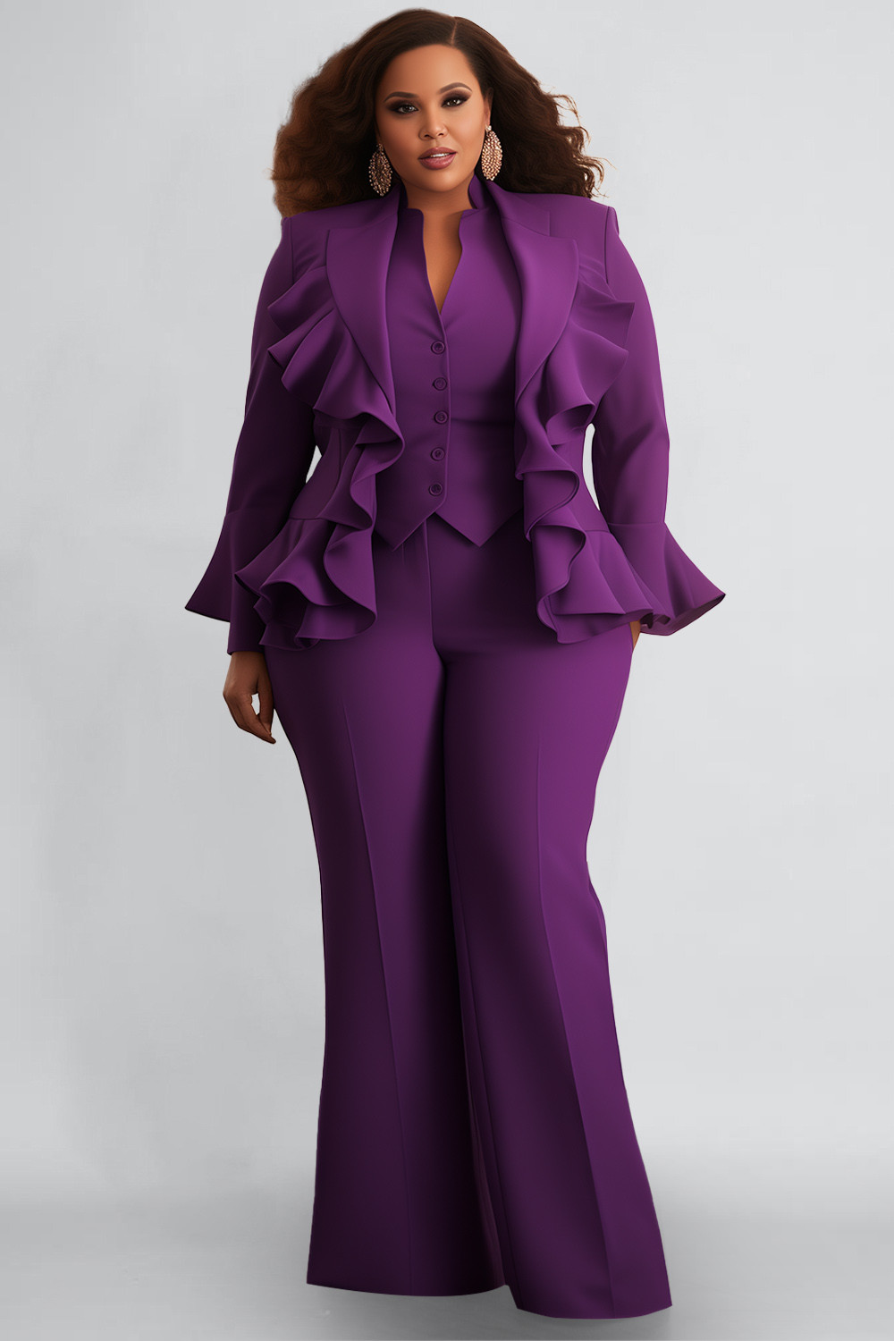 Xpluswear Design Plus Size Business Casual Purple Flare Long Sleeve Ruffle Three Piece Pant Sets ... | Xpluswear