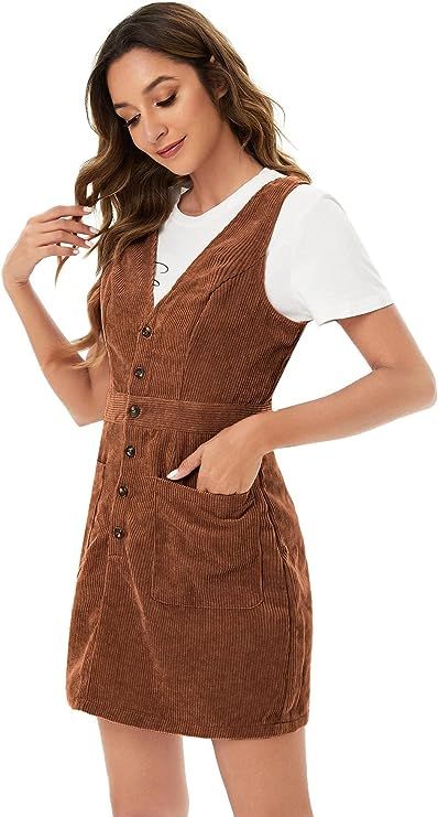 Floerns Women's V Neck Sleeveless Corduroy Button Pinafore Overall Mini Dress | Amazon (US)