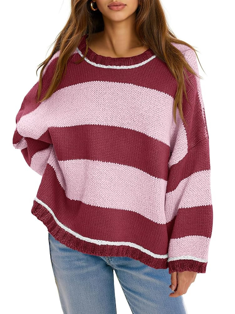 Fisoew Womens Oversized Sweaters Casual Long Sleeve Striped Color Block Crewneck Knitted Loose Fa... | Amazon (US)