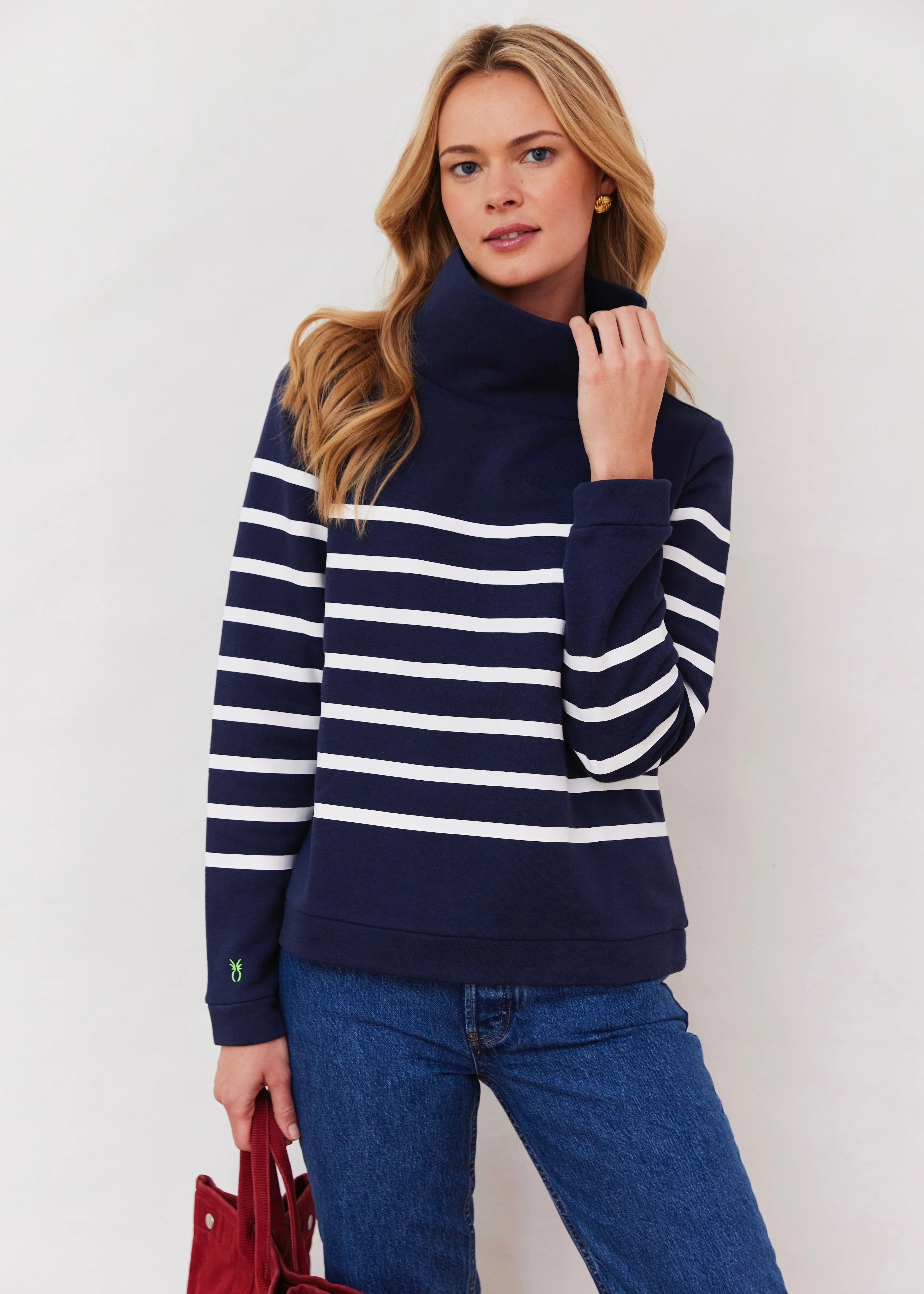 Park Slope Turtleneck in French Terry (Navy/White Placed Stripe) | Dudley Stephens