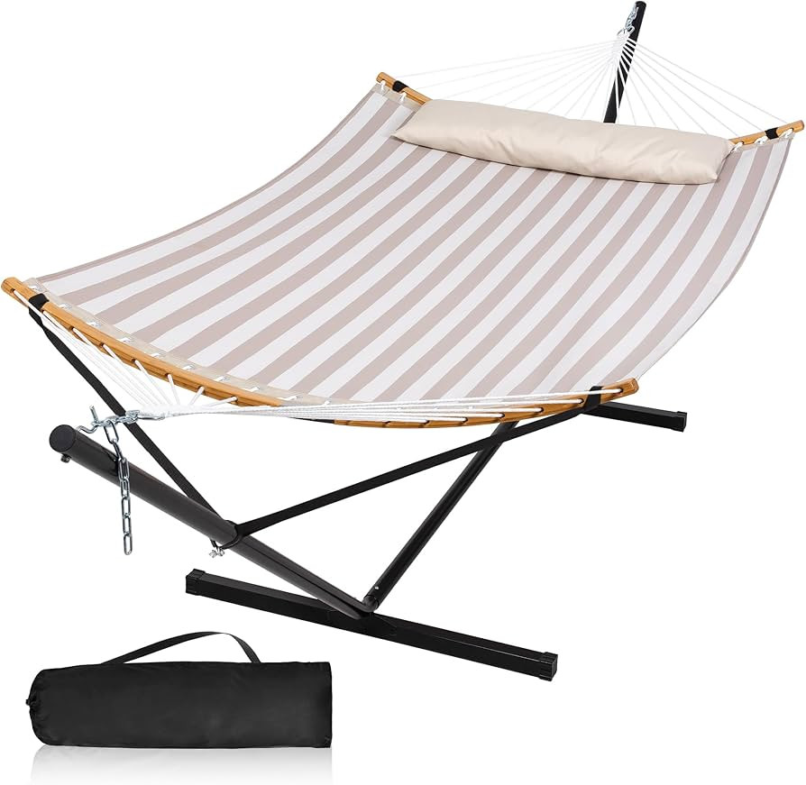Double Hammock with Stand for Outside, Quick Dry Hammock with Curved Spreader Bars, Pillow and Ca... | Amazon (US)