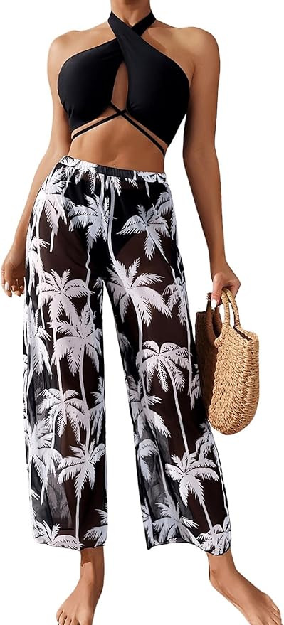 MakeMeChic Women's 3 Piece Bathing Suits Criss Cross Halter Bikini Sets with Cover Up Pants Set | Amazon (US)