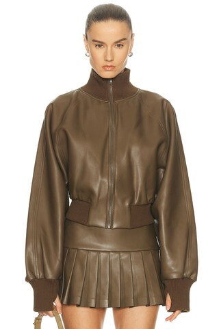 Norma Kamali Oversized Turtleneck Bomber Jacket in Bark - Olive. Size XS (also in L, M, S). | FWRD 