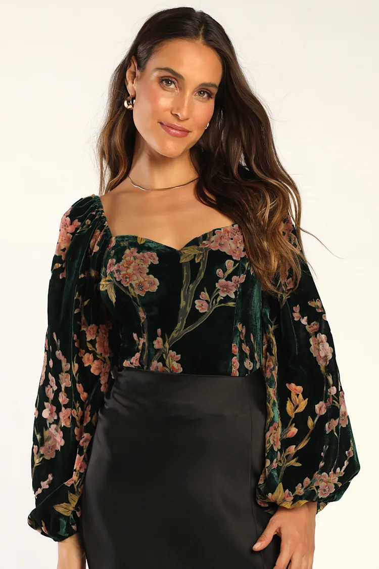 Luxe Romance Emerald Velvet Floral Burnout Long Sleeve Bodysuit | Lulus