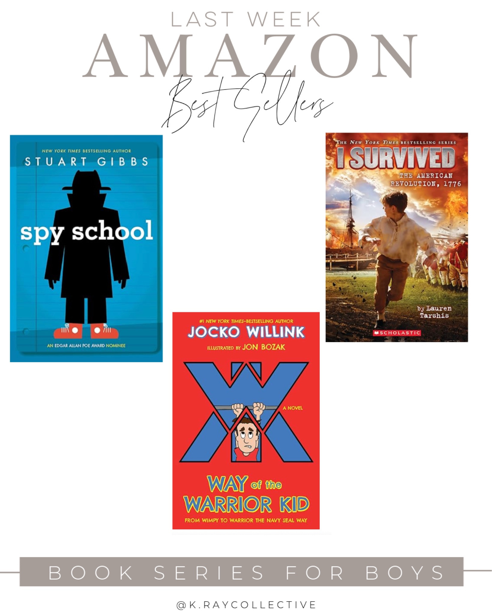 If you’re looking for great book series for your kids particular your boys to start these are three great ones that were my best selling links on Amazon last week.
1.  My 10 year year-old is currently reading spicy school is great for ages 9-12 He absolutely loves it.
2. We have the Warrior kid is an awesome series written by a former Navy seal. You will enjoy reading it too.
3.  My oldest is obsessed with the survive, a fictional look at life-changing events like 9/11, the titanic and more.

#KidsBooks #BooksForBoys #giftIdeasForBoys #AmazonBestsellers #KidsBookSeries #KidsSummerReading