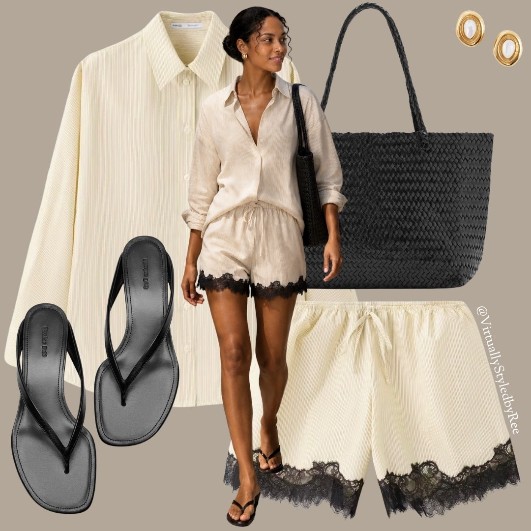 Holiday uniform ☀️
• Oversized striped shirt
• Lace trim shorts
• Woven tote
• Minimal thong sandals

#LTKuk #LTKsummer #LTKeurope