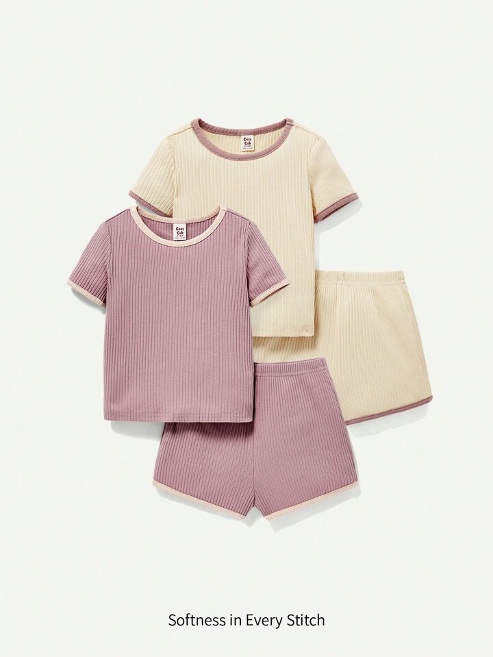 Cozy Cub Baby Girl Color Block Round Neck Short Sleeve Top And Casual Shorts 4Pcs Outfits Set Mat... | SHEIN
