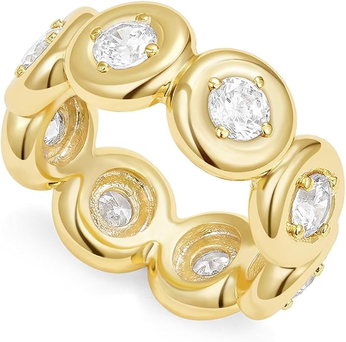 KissYan Band Ring for Women, 14K Gold Plate Dainty Pave Pear or Circle CZ Eternity Thick Chunky E... | Amazon (US)