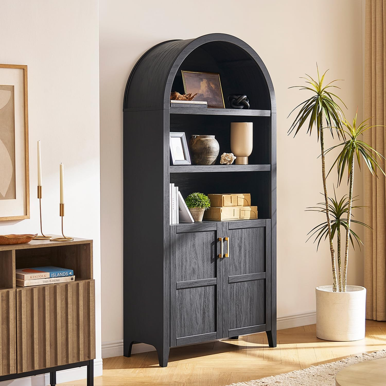 mopio Lauren 77.4" Tall Arched Cabinet, The Original 5-Tier Bookcase with Doors and Adjustable Shelves, Arch Bookshelf with Storage, Wooden Storage Cabinet for Living Room and Kitchen Pantry (Black) | Amazon (US)