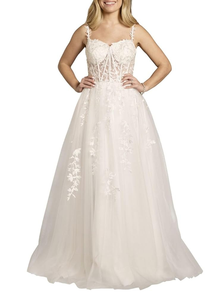 David's Bridal Lace Applique and Tulle Illusion Corset Ball Gown | Amazon (US)