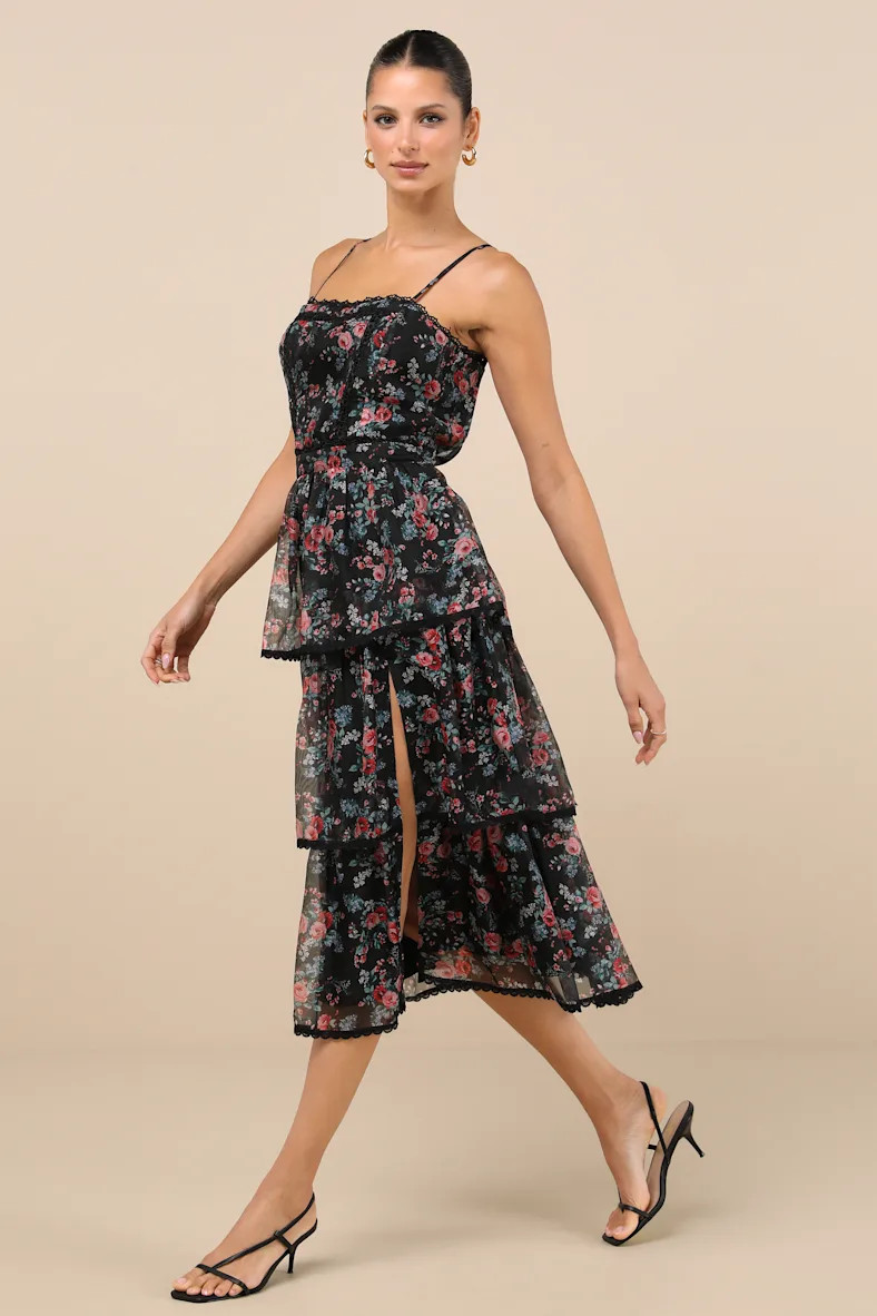 Kimbra Black Floral Backless Tiered Midi Dress | Lulus