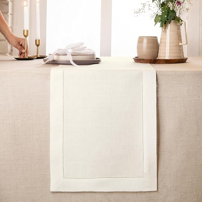 D'Moksha Homes Linen Table Runner 14 x 120 Inch - 100% Pure Linen Classic Hemstitch Ivory Table R... | Amazon (US)